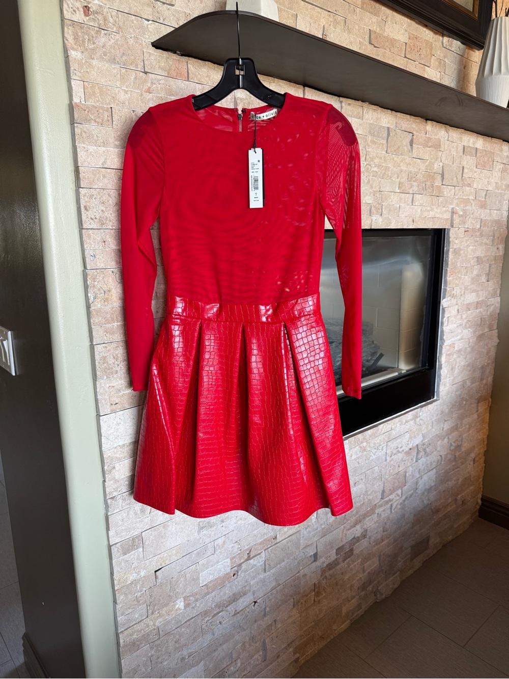 Alice + Olivia Bright Red Faux-Croc Fit & Flare Mini Dress